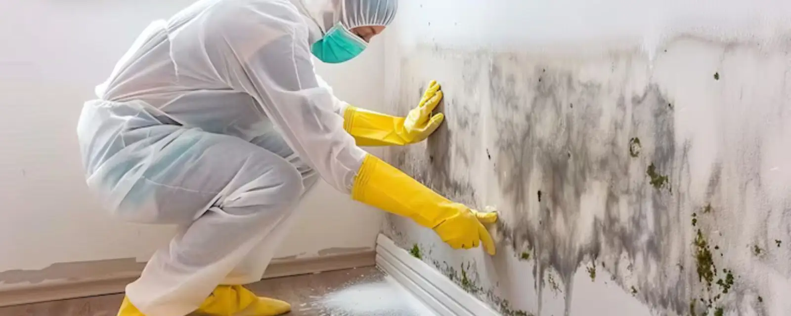 Technician in protective gear crouching to clean mold growth from a wall above the baseboard
