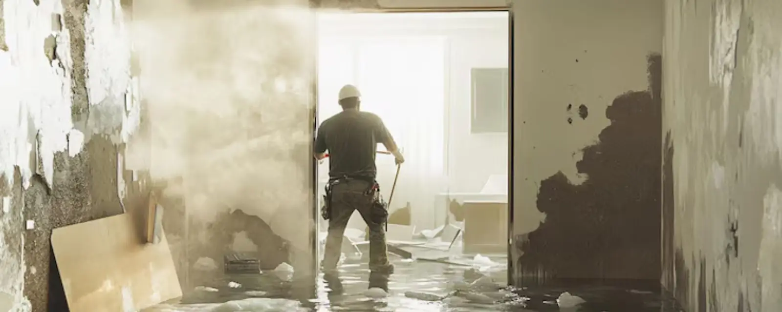 Worker standing in a gutted room with peeling plaster walls and water on the floor