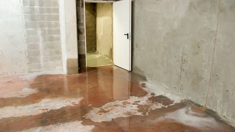 Damp concrete basement room with a wet floor and a doorway to another room