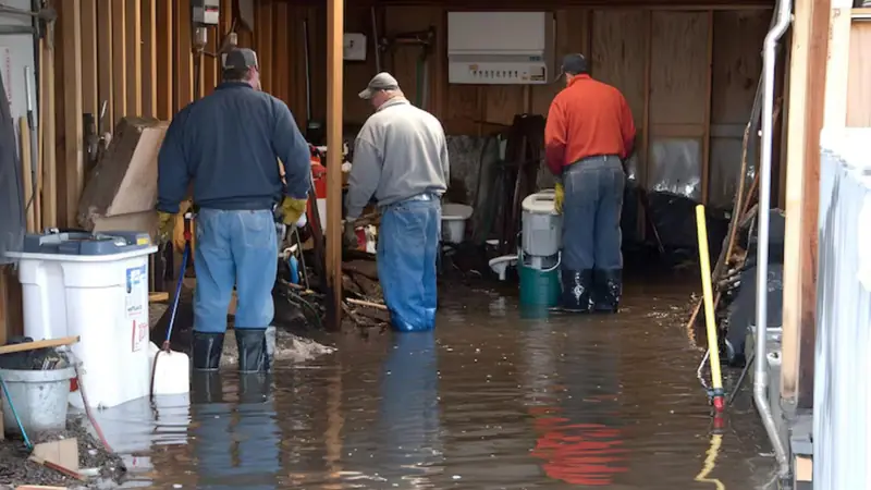 Three workers standing in a flooded basement room with pumps and buckets