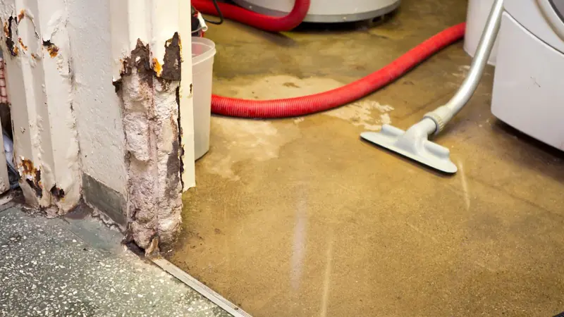 Extraction wand on a wet floor with a red hose running to a truck mounted unit