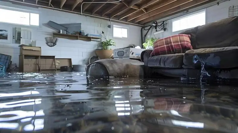 Finished basement with flood water covering the floor and a sofa partly under water