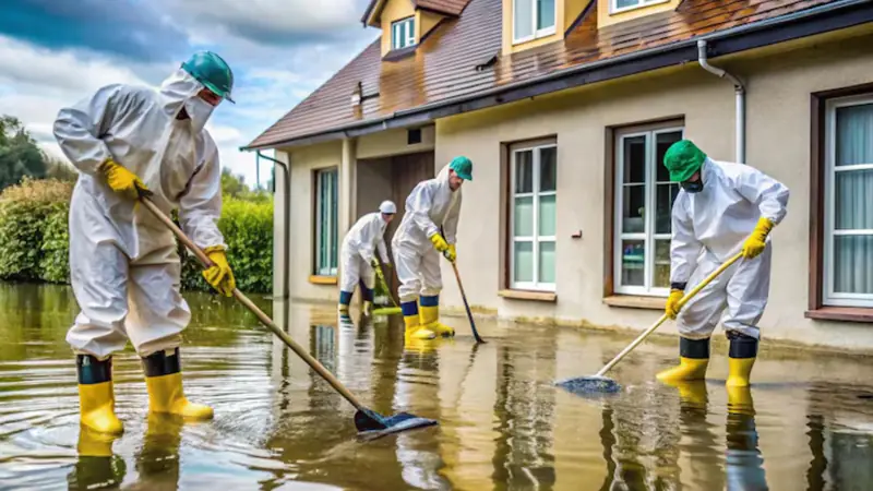 Crew in white protective suits and yellow boots cleaning flood water outside a house